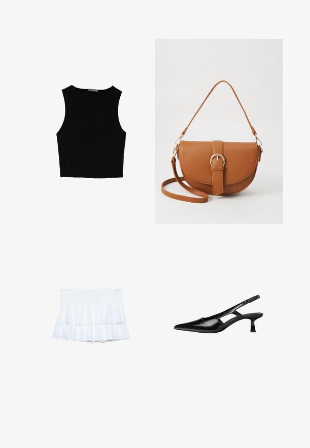 Schwarzes ärmelloses Crop-Top aus glattem Stoff, mit rundem Ausschnitt und einem klaren, schlichten Design ohne Muster oder Beschläge.; Weiße geraffte Shorts mit einem elastischen Bund, die aus geschichteten Stoffen und subtilen Texturdetaills bestehen. Leicht und lässig im Design.; Schwarze Lackleder-Slingback-High Heels mit spitzer Zehenform, ausgeschnittenem Seitendesign und kleinem Blockabsatz. Glatte Textur mit minimalen Akzenten.; Braune Leder-Crossbody-Tasche mit geschwungener Form, goldfarbenen Beschlägen und einer Schnallenakzentuierung. Verfügt über einen abnehmbaren Schultergurt.