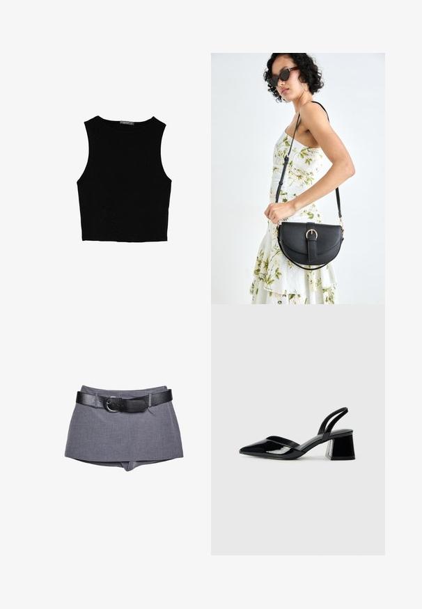 Musta hihaton crop-top, joka on valmistettu sileästä kankaasta, jossa on pyöreä kaula-aukko ja siisti, yksinkertainen muotoilu ilman kuvioita tai varusteita.; Harmaat kangashousut, joissa on istuva vyötärö, varustettuna mustalla nahkavyöllä ja soljella. Sileä pinta, muotoiltu muotoilu ja suora leikkaus.; Mustat patentoitu nahkakengät, joissa on säären takaosa ja terävä kärki, sekä geometrinen palikkakorko. Sisältää tyylikkään, minimalistisen muotoilun ja sileän pinnan.; Musta nahkainen käsilaukku, joka on kaareva muotoilultaan, irrotettavalla hihnalla ja kultaisilla yksityiskohdilla. Laukussa on läppä, jossa on solk yksityiskohta.