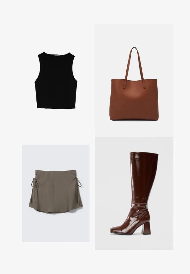 Črn brez rokavov crop top, izdelan iz gladkega materiala, z okroglim izrezom in čistim, preprostim dizajnom brez vzorcev ali dodatkov.; Rjava kratka krilnica z adjustable stranskimi trakovi in nabrano obrobo na obeh straneh, prikazana na enostavni beli podlagi.; Bordeaux visoke škornje iz paten usnja z kvadratnim nosom, sijajno zaključno obdelavo in masivnim peto za stabilnost. Brezšiven dizajn brez vidnega okovja.; Rjava usnjena torba z gladko teksturo, odprto zasnovo zgoraj in dvema naramnima trakovoma. Opremljena je z minimalnim šivanjem in brez vidnih kovinskih delov.