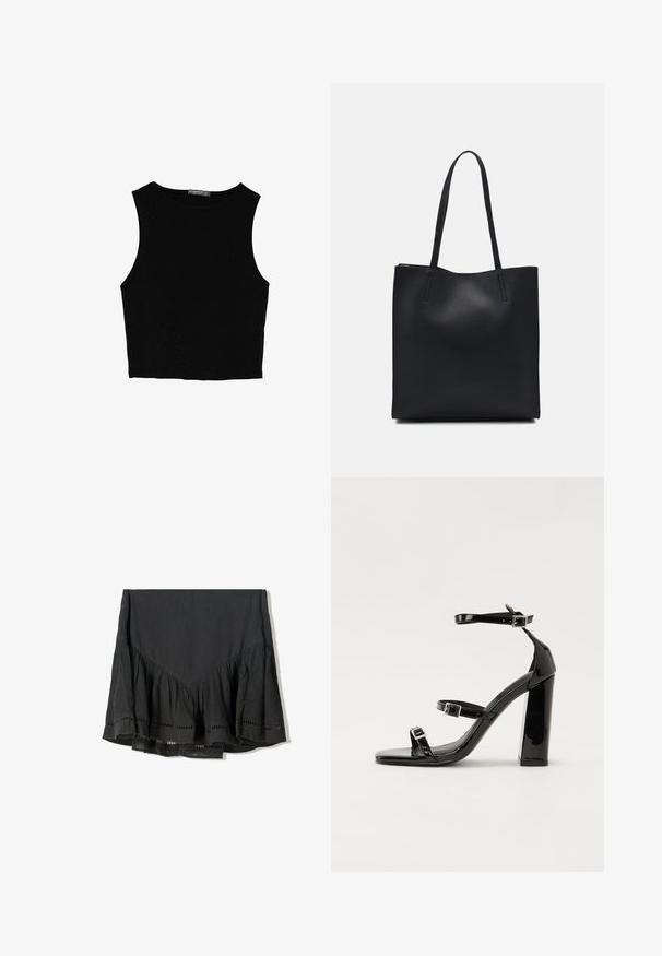 Čierny bezrukávový crop top vyrobený z hladkej tkaniny, so zaobleným výstrihom a čistým, jednoduchým dizajnom bez vzorov alebo kovania.; Čierna sukňa s vrstveným volánkovým lemom, vyrobená z textúrovanej látky. Obsahuje výrezy pozdĺž spodného okraja a V-typu dizajn na vrchu.; Čierne lakované sandále na podpätku so štvorcovou špičkou, navlečenými remienkami okolo členku a striebornými prackami. Disponujú masívnym blokovým podpätkom pre stabilitu.; Čierna kožená taška na rameno s hladkým povrchom, obdĺžnikovým tvarom a dvoma dlhými uchami. Bez viditeľného kovania alebo ozdôb.