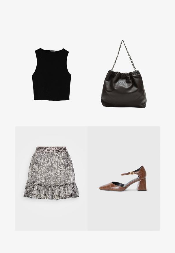 Czarny bezrękawnik crop top z gładkiego materiału, z okrągłym dekoltem i czystym, prostym wzornictwem, bez wzorów czy metalowych elementów.; Przezroczysta spódnica w zebra wzór z falbanką na dole, w czarno-białych kolorach oraz elastyczną talią zapewniającą wygodne dopasowanie.; Brązowy lakierowany zamszowy szpilki z kwadratowym noskiem, teksturowanym wzorem krokodyla, paskiem na kostkę z złotą klamrą i masywnym obcasem.; Brązowa skórzana torba z marszczonym szczytem i łańcuszkowym paskiem. Gładka tekstura z błyszczącym wykończeniem i subtelnymi detalami szwów po bokach.