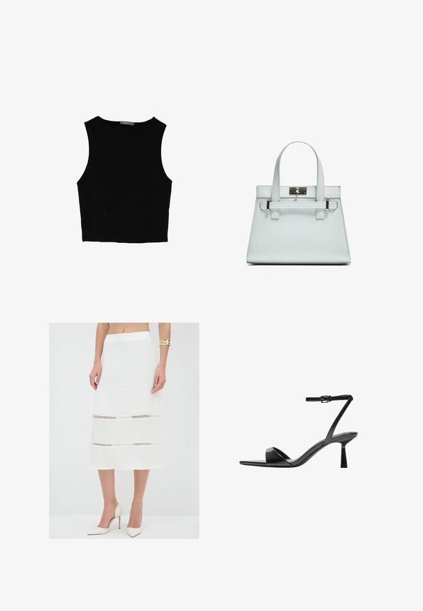 Sort ærmeløs crop top lavet af glat stof, med rund hals og et rent, enkelt design uden mønstre eller hardware.; Hvid linned nederdel med lige snit, der har hækledetaljer i to horisontale bånd. Færdig kant og glat tekstur.; Bershka Højhælede sandaletter / Højhælede sandaler - black; Lyseblå håndtaske med struktureret design, to håndtag og spænde i sølvfarvet metal. Tekstureret materiale og skarpe hjørner.