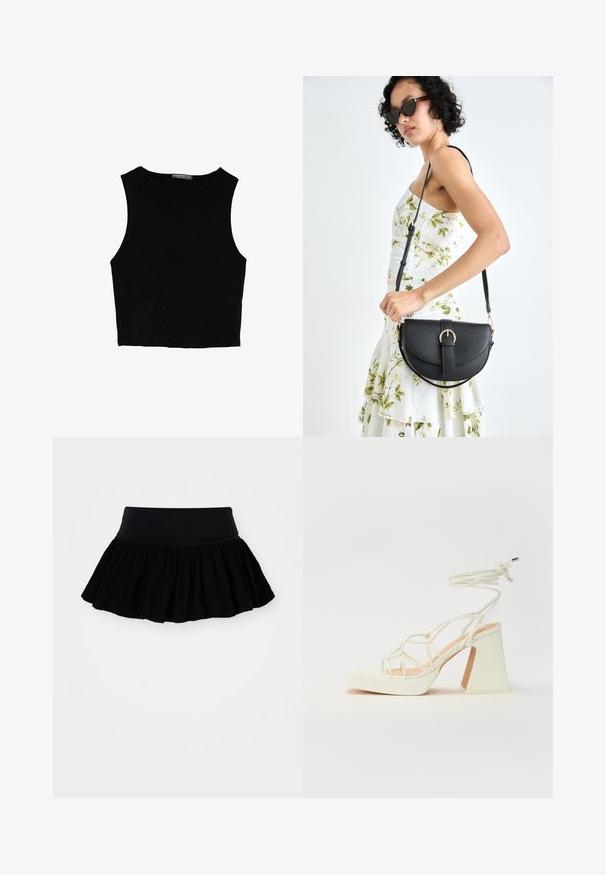 Černý bezsleeve crop top vyrobený z hladké tkaniny, s kulatým výstřihem a čistým, jednoduchým designem bez vzorů nebo kovových doplňků.; Černá rozšířená sukně s nařasenou, texturovanou látkou a širokým pasem. Jednoduchý design, bez vzorů nebo kovových prvků.; Bílé sandály na vysokém podpatku s robustním podpatkem, s designem s pásky a zavazováním kolem kotníku. Hladký povrch s platformou vpředu pro zvýšení výšky.; Černá kožená kabelka s křivkovým tvarem, odnímatelným popruhem a zlatými detaily. Kabelka má klopu s přezkou.