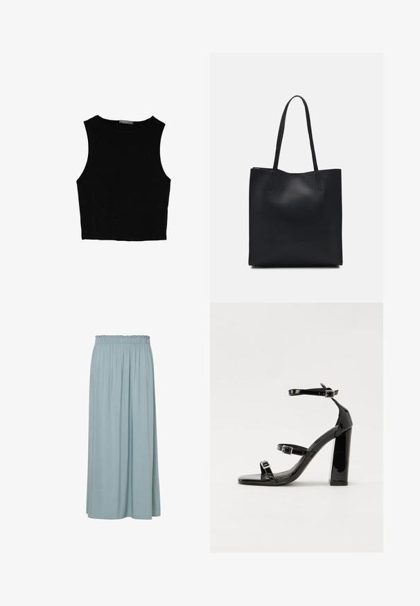 Musta hihaton crop-top, joka on valmistettu sileästä kankaasta, jossa on pyöreä kaula-aukko ja siisti, yksinkertainen muotoilu ilman kuvioita tai varusteita.; Vaaleansininen maksihame, jossa on kootut joustavyötärö, valmistettu pehmeästä kankaasta. Hameessa on pystysuoria laskoksia, jotka tuovat rakennetta ja liikettä.; Musta kiiltävä korkokenkä sandaalit neliönmuotoisella varpaalla, nilkkaremmillä ja hopeisilla soljilla. Varustettu tukevalla lohkokorkealla vakauden takaamiseksi.; Mustapahkainen kangaskassi, jossa on sileä pinta, suorakaiteen muotoinen ja kaksi pitkää kahvaa. Ei näkyvää metalliosaa tai koristeita.
