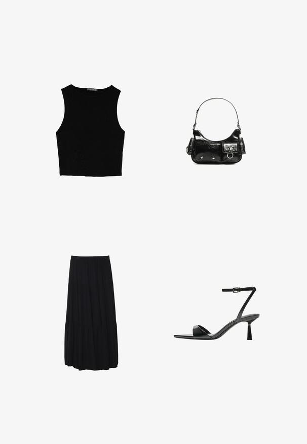 Czarny bezrękawnik crop top z gładkiego materiału, z okrągłym dekoltem i czystym, prostym wzornictwem, bez wzorów czy metalowych elementów.; Czarna, tiulowa midi spódnica z elastycznym pasem, wykonana z miękkiego materiału, z płynącą sylwetką i gładką teksturą.; Bershka - Sandały na obcasie; Czarna torebka z lakierowanej skóry o zaokrąglonym kształcie, z jednym paskiem na ramię, przednimi kieszeniami i akcentami w kolorze srebrnym.