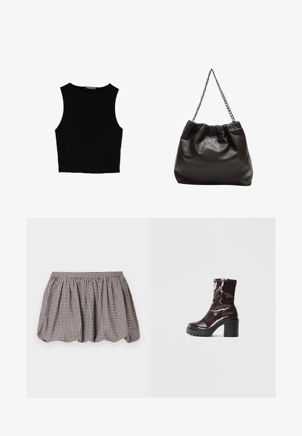 Schwarzes ärmelloses Crop-Top aus glattem Stoff, mit rundem Ausschnitt und einem klaren, schlichten Design ohne Muster oder Beschläge.; Braun-weiß karierten A-Linien-Rock mit gerafftem Bund, aus leichtem Stoff gefertigt, mit einem subtilen strukturierten Muster.; Glatte bordeauxrote Ankle Boots mit einem klobigen schwarzen Absatz, die eine glatte Oberfläche und ein einfaches Design aufweisen. Keine sichtbaren Verschlüsse oder Muster.; Braune Lederhandtasche mit gerafftem Oberteil und Kettenriemen. Glatte Textur mit glänzendem Finish und subtilen Nahtdetails an den Seiten.
