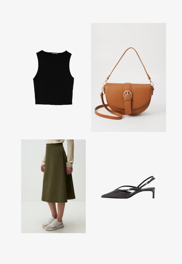 Zwarte mouwloze crop top van soepel materiaal, met een ronde hals en een schone, eenvoudige uitstraling zonder patronen of hardware.; Olijfgroene A-lijn rok met een gladde textuur, hoge taille en naden, gecombineerd met witte en beige sneakers.; Zwarte leren slingback pump met een spitse neus, slanke enkelbandjes en een lage stilettohak. Gladde textuur met een minimalistisch ontwerp.; Bruine leren schoudertas met een gebogen vorm, gouden hardware en een gespaccent. Bevat een afneembare schouderriem.