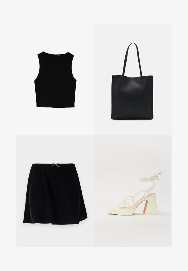 Čierny bezrukávový crop top vyrobený z hladkej tkaniny, so zaobleným výstrihom a čistým, jednoduchým dizajnom bez vzorov alebo kovania.; Čierna sukňa z jemného materiálu, s elastickým pásom a malou mašľou na zadnej strane. Rozšírený strih s hladkou textúrou.; Biele sandále na vysokom opätku s hrubým podpätkom, s pruhovaným dizajnom a viazaním na členku. Hladký povrch s platformou vpredu pre zvýšenú výšku.; Čierna kožená taška na rameno s hladkým povrchom, obdĺžnikovým tvarom a dvoma dlhými uchami. Bez viditeľného kovania alebo ozdôb.