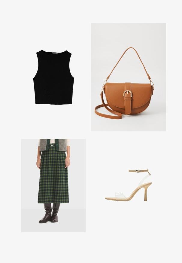 Černý bezsleeve crop top vyrobený z hladké tkaniny, s kulatým výstřihem a čistým, jednoduchým designem bez vzorů nebo kovových doplňků.; Zelená a námořnická modrá kostkovaná midi sukně vyrobená z texturované látky, s plisé a rovným střihem, spárovaná s koženými hnědými botami po kolena.; Průhledná sandálová obuv s průhledným svrškem, béžovou stélkou a štíhlým páskem kolem kotníku. Má špičatou špičku a tenký vysoký podpatek.; Hnědá kožená křížová taška s zakřiveným tvarem, zlatými detaily a akcentem s přezkou. Obsahuje odnímatelný popruh na rameno.