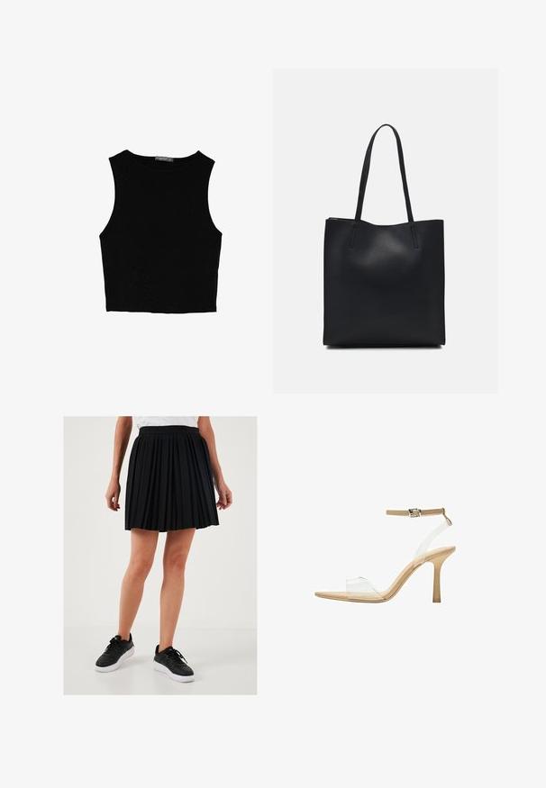 Čierny bezrukávový crop top vyrobený z hladkej tkaniny, so zaobleným výstrihom a čistým, jednoduchým dizajnom bez vzorov alebo kovania.; Čierna plisovaná sukňa s vysokým pásom a hladkou textúrou v kombinácii s čiernymi teniskami s bielymi podrážkami.; Priehľadné sandále na vysokom podpätku s transparentným zvrškom, béžovou stielkou a štíhlym remienkom na členku. Majú špicatú špičku a tenký vysoký podpätok.; Čierna kožená taška na rameno s hladkým povrchom, obdĺžnikovým tvarom a dvoma dlhými uchami. Bez viditeľného kovania alebo ozdôb.