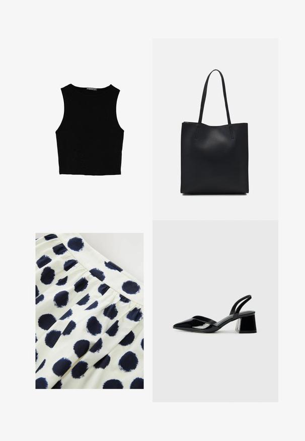 Sort ærmeløs crop top lavet af glat stof, med rund hals og et rent, enkelt design uden mønstre eller hardware.; Hvid stofnederdel med marineblå cirkulære polkaprikker. Nederdelen har en samlet talje og en glat tekstur.; Sorte patentlæder slingback hæle med spids tå og en geometrisk blok hæl. Har et elegant, minimalistisk design og en glat tekstur.; Sort læder tote taske med glat tekstur, rektangulær form og to lange hanke. Ingen synlig hardware eller udsmykninger.