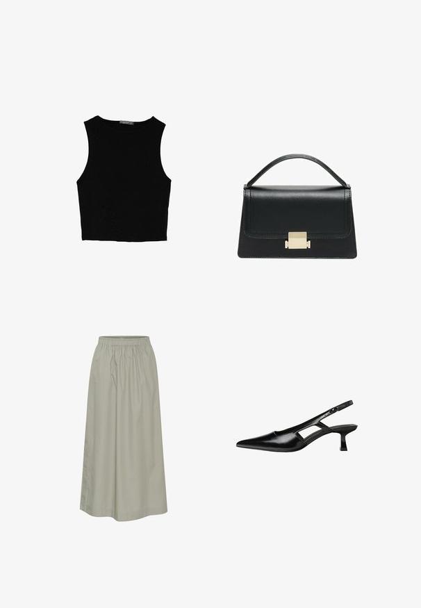 Sort ærmeløs crop top lavet af glat stof, med rund hals og et rent, enkelt design uden mønstre eller hardware.; Lys grøn, knælang nederdel lavet af blødt stof med elastisk talje, der har et samlet design og diskrete syninger.; Sorte patentlæder slingback hæle med spids tå, udskåret sideskærm og en lille firkantet hæl. Glat tekstur med minimale detaljer.; Sort læderhandtaske med et struktureret design, topbærerhåndtag og en detalje i guldfarvet metalklap på fronten. Glat tekstur, minimal syning.