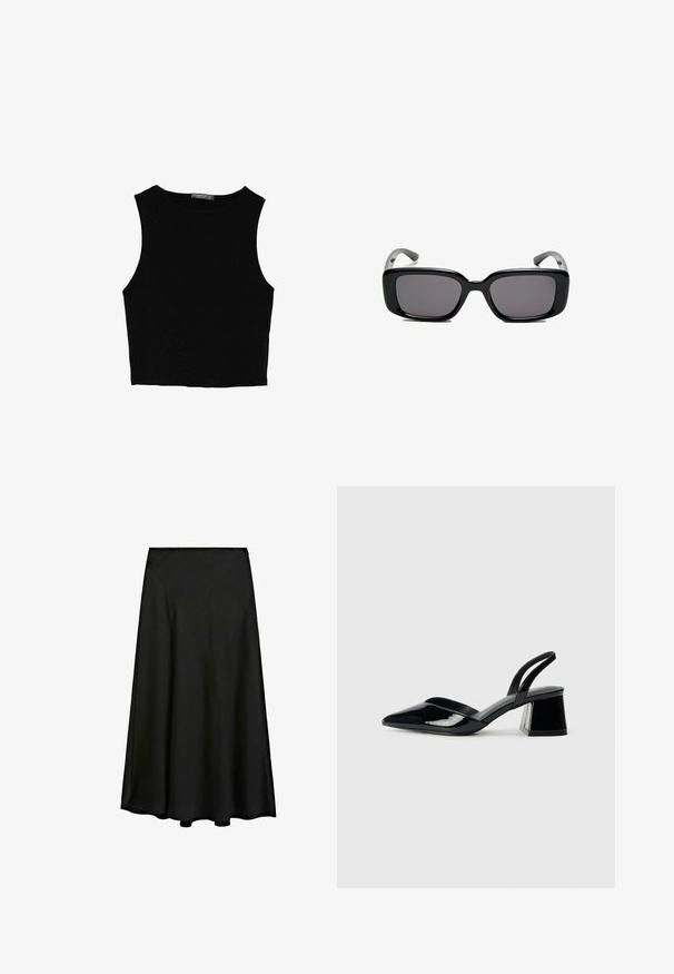Top corto senza maniche nero realizzato in tessuto liscio, con scollatura rotonda e un design pulito e semplice, privo di pattern o accessori.; Gonna maxi nera realizzata in tessuto morbido, con una silhouette a trapezio e un design fluente che arriva fino alle caviglie, con un orlo pulito.; Décolleté in vernice nera con punta affusolata e tacco in geometria cubica. Presentano un design elegante e minimalista, con una texture liscia.; Occhiali da sole neri rettangolari con lenti scure, montatura in plastica liscia e tempie curve. Il design è voluminoso con un'estetica minimalista.
