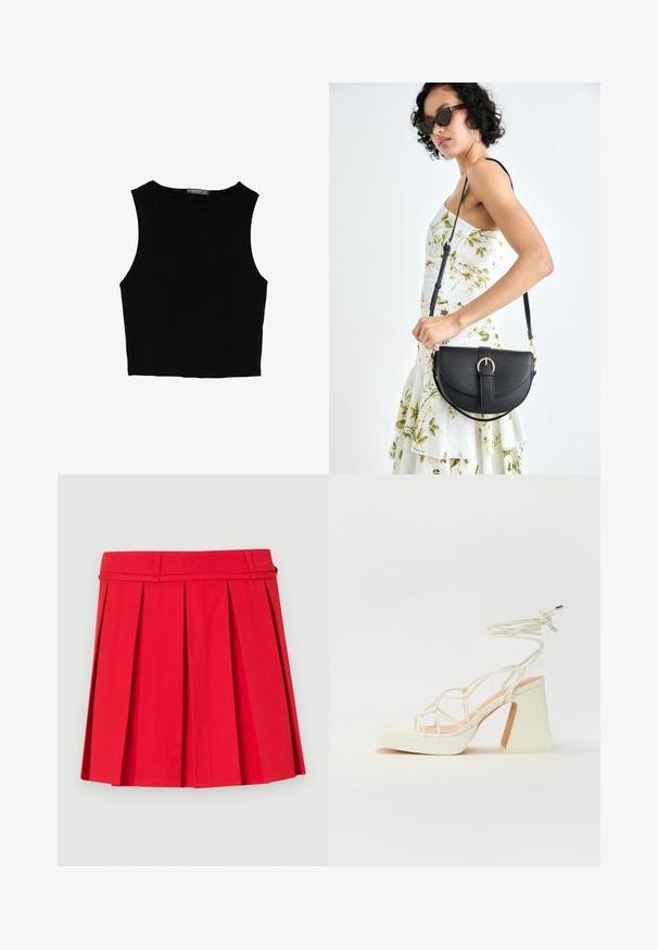 Schwarzes ärmelloses Crop-Top aus glattem Stoff, mit rundem Ausschnitt und einem klaren, schlichten Design ohne Muster oder Beschläge.; Roter, plissierter Rock aus einem Stoff mit glatter Textur. Verfügt über einen Taillenbund mit Gürtelschlaufen und strukturierten Falten für zusätzliches Volumen.; Weiße High-Heel-Sandale mit einem klobigen Absatz, die über ein Riemchendesign und ein Knöchelband verfügt. Glatte Textur mit einer Plattform vorne für zusätzliche Höhe.; Schwarze Lederhandtasche mit geschwungener Form, abnehmbarem Tragegurt und goldenen Beschlägen. Die Tasche verfügt über einen Deckel mit einer Schnallen-Details.