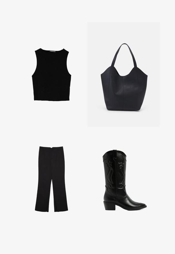 Musta hihaton crop-top, joka on valmistettu sileästä kankaasta, jossa on pyöreä kaula-aukko ja siisti, yksinkertainen muotoilu ilman kuvioita tai varusteita.; Mustat housut suoralinjaisella leikkauksella, joissa on etutaskut ja sivurei'ät helman alla. Valmistettu pehmeästä ja sileästä kankaasta. Sopii eri tilaisuuksiin.; Mustat nahkacowboy-kengät, joissa on terävä kärki ja pinottu korko. Varressa on koristeellista tikkausta ja tähdenmuotoisia yksityiskohtia.; Mustat kangaskassit, jotka on valmistettu sileästä nahasta, jossa on kaareva, avoin yläosa, kaksi olkahihnaa ja minimalistinen muotoilu.