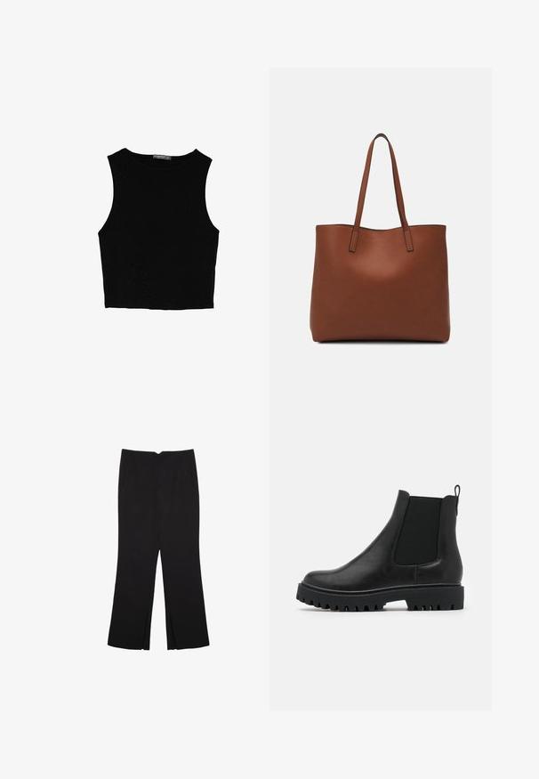 Černý bezsleeve crop top vyrobený z hladké tkaniny, s kulatým výstřihem a čistým, jednoduchým designem bez vzorů nebo kovových doplňků.; Černé kalhoty s rovným střihem, s předními kapsami a bočními rozparky na lemu. Vyrobené z jemné, hladké tkaniny. Vhodné na různé příležitosti.; Černé kožené Chelsea boty s elastickými bočními panely, poutkem a robustní, silnou podešví s hlubokými drážkami pro lepší přilnavost.; Hnědá kožená taška přes rameno s hladkou texturou, otevřeným designem a dvěma ramenními popruhy. Obsahuje minimální švy a žádné viditelné kovové prvky.