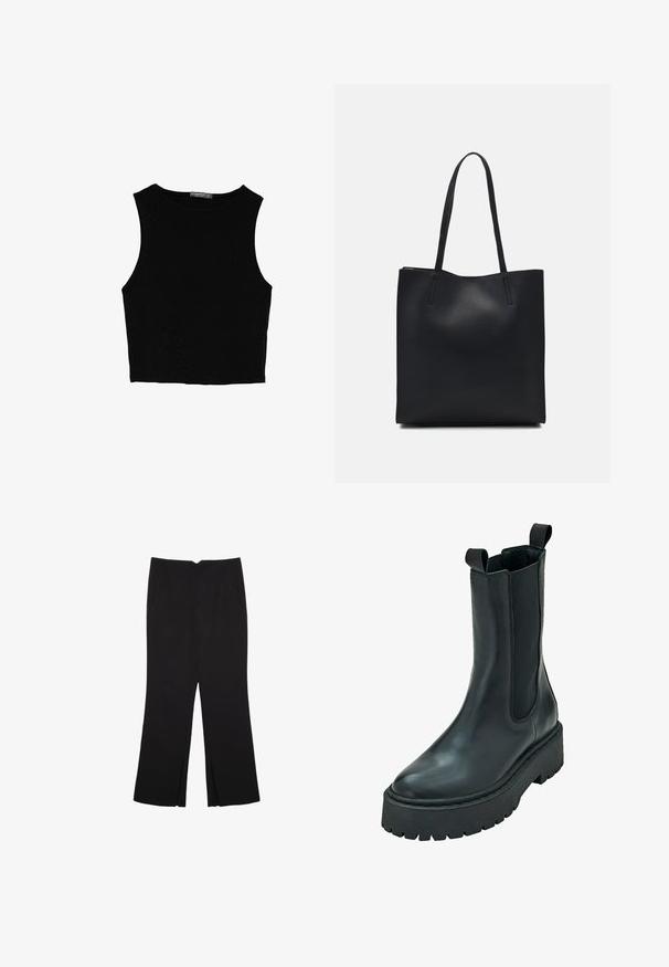 Black sleeveless crop top made of smooth fabric, featuring a round neck and a clean, simple design without patterns or hardware.; Black trousers with a straight fit, featuring front pockets and side slits at the hem. Made of soft, smooth fabric. Suitable for various occasions.; Black leather ankle boot with elastic side panels, rounded toe, and a thick, textured rubber sole. Features two pull tabs for ease of wear.; Black leather tote bag with smooth texture, rectangular shape, and two long handles. No visible hardware or embellishments.