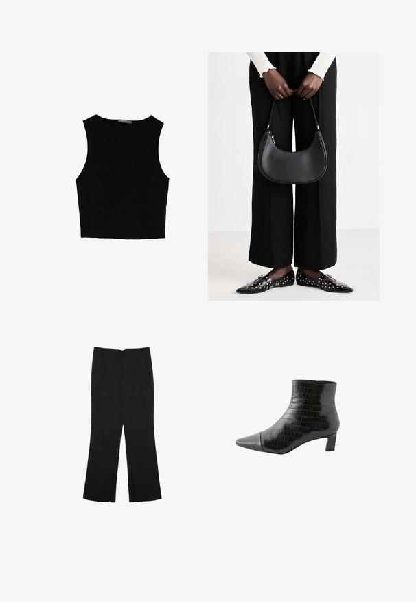 Musta hihaton crop-top, joka on valmistettu sileästä kankaasta, jossa on pyöreä kaula-aukko ja siisti, yksinkertainen muotoilu ilman kuvioita tai varusteita.; Mustat housut suoralinjaisella leikkauksella, joissa on etutaskut ja sivurei'ät helman alla. Valmistettu pehmeästä ja sileästä kankaasta. Sopii eri tilaisuuksiin.; Pohjalliset nilkkasaappaat, jotka on valmistettu kiiltävästä krokotiilikuosisesta materiaalista. Ominaisuuksina terävä kärki ja 3-tuuman lohko korko. Sujuva rakenne, vetoketjukiinnitys.; Mustapohjainen nahkalaukku, jolla on pyöreä muoto, kiiltävä pinta ja hopeiset varusteet. Henkilöllä on päällään mustat leveälahkeiset housut ja niittilapaset.