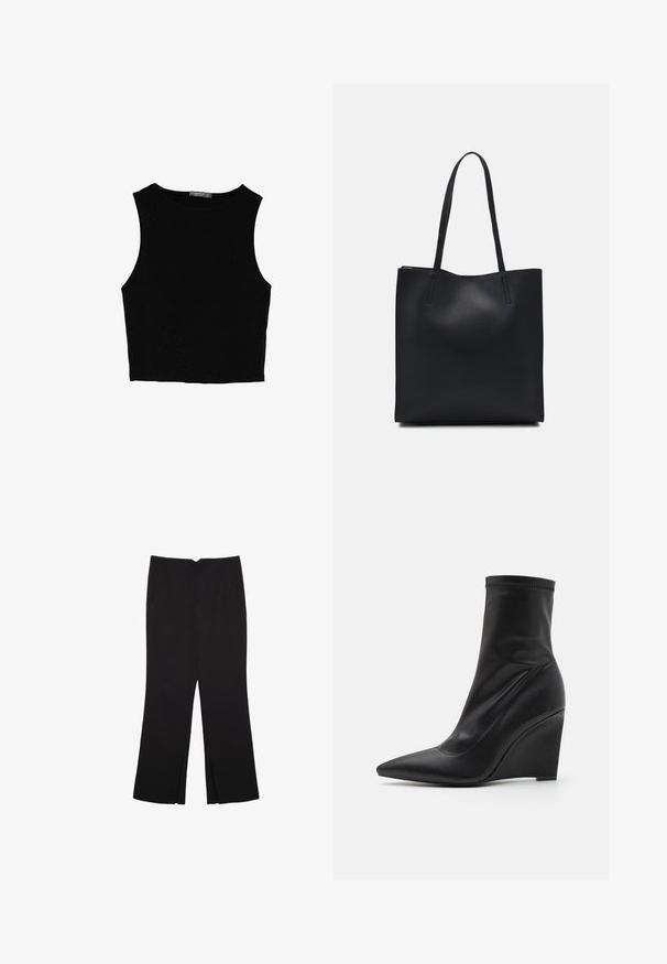 Černý bezsleeve crop top vyrobený z hladké tkaniny, s kulatým výstřihem a čistým, jednoduchým designem bez vzorů nebo kovových doplňků.; Černé kalhoty s rovným střihem, s předními kapsami a bočními rozparky na lemu. Vyrobené z jemné, hladké tkaniny. Vhodné na různé příležitosti.; RAID BETTA - Kotníková obuv na vysokém podpatku - black; Černá kožená taška přes rameno s hladkým povrchem, obdélníkovým tvarem a dvěma dlouhými uchy. Žádné viditelné kování ani ozdoby.