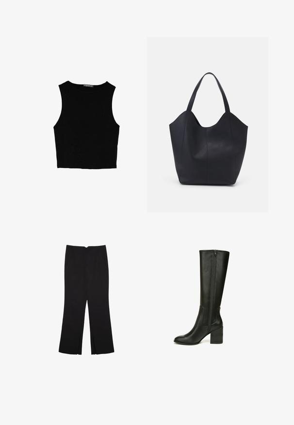 Top court sans manches noir en tissu lisse, avec un col rond et un design épuré, simple, sans motifs ni accessoires.; Pantalon noir avec une coupe droite, doté de poches avant et d'éclairs sur l'ourlet. Fabriqué en tissu doux et lisse. Convient à diverses occasions.; Bottes en cuir noires montantes jusqu'au genou avec un bout pointu, un talon bloc texturé et des détails de fermeture éclair sur le côté. Fini lisse et design ajusté.; Sac fourre-tout noir en cuir lisse, doté d'un haut ouvert et courbé avec deux brides d'épaule et un design minimaliste.