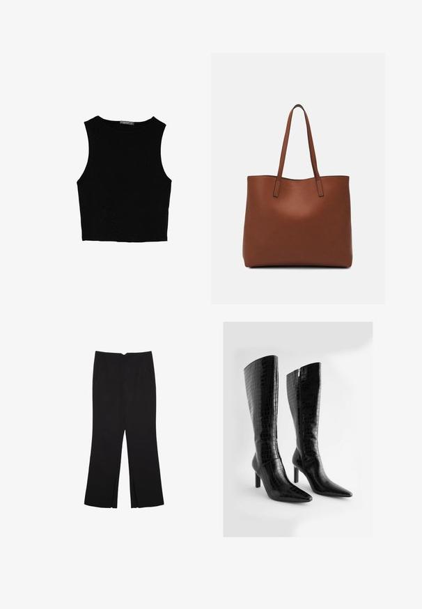Black sleeveless crop top made of smooth fabric, featuring a round neck and a clean, simple design without patterns or hardware.; Black trousers with a straight fit, featuring front pockets and side slits at the hem. Made of soft, smooth fabric. Suitable for various occasions.; Knee-high black faux leather boots with a crocodile texture, pointed toes, and a slim high heel; features a side zipper closure.; Brown leather tote bag with a smooth texture, open top design, and two shoulder straps. Features minimal stitching and no visible hardware.