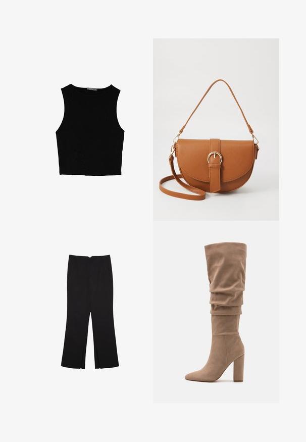 Musta hihaton crop-top, joka on valmistettu sileästä kankaasta, jossa on pyöreä kaula-aukko ja siisti, yksinkertainen muotoilu ilman kuvioita tai varusteita.; Mustat housut suoralinjaisella leikkauksella, joissa on etutaskut ja sivurei'ät helman alla. Valmistettu pehmeästä ja sileästä kankaasta. Sopii eri tilaisuuksiin.; Anna Field Saappaat - beige; Ruskean nahkainen olkalaukku, jossa on kaareva muoto, kultaiset yksityiskohdat ja solkiyksityiskohta. Varustettu irrotettavalla olkahihnalla.