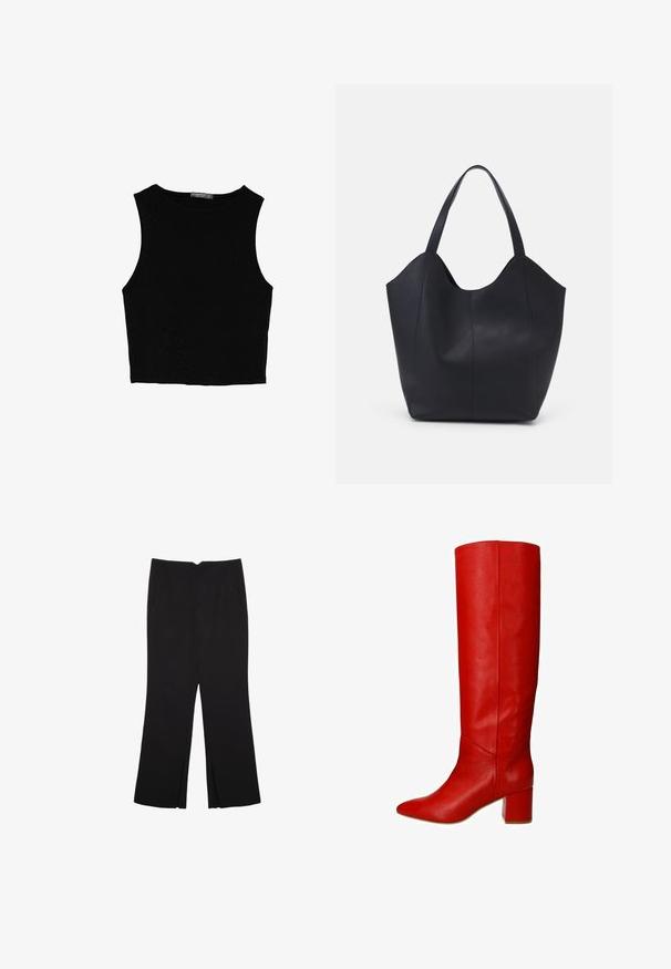 Top corto senza maniche nero realizzato in tessuto liscio, con scollatura rotonda e un design pulito e semplice, privo di pattern o accessori.; Pantaloni neri a gamba dritta, con tasche frontali e spacchi laterali all'orlo. Realizzati in tessuto morbido e liscio. Adatti a diverse occasioni.; Stivale in pelle rossa al ginocchio con punta affilata e tacco a blocco spesso, caratterizzato da una texture liscia e un design pulito e moderno.; Borsa tote nera realizzata in pelle liscia, con una parte superiore curva e aperta, dotata di due manici per spalla e un design minimalista.