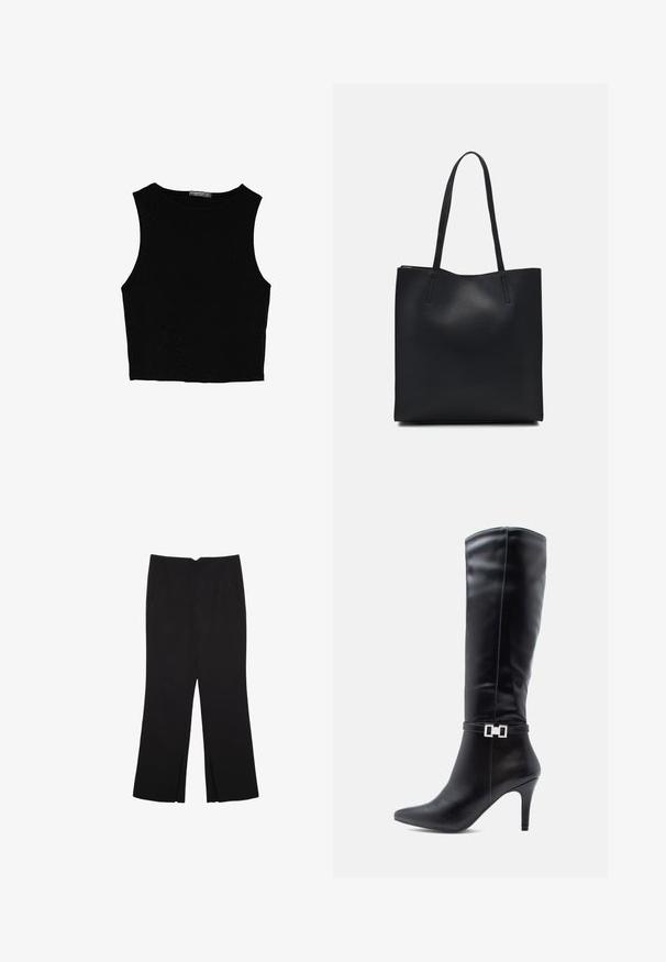Top corto senza maniche nero realizzato in tessuto liscio, con scollatura rotonda e un design pulito e semplice, privo di pattern o accessori.; Pantaloni neri a gamba dritta, con tasche frontali e spacchi laterali all'orlo. Realizzati in tessuto morbido e liscio. Adatti a diverse occasioni.; Stivale nero in pelle al ginocchio con punta affusolata, alto tacco a spillo e un dettaglio decorativo in argento attorno alla caviglia.; Borsa tote in pelle nera con texture liscia, forma rettangolare e due manici lunghi. Nessun hardware o decorazione visibile.