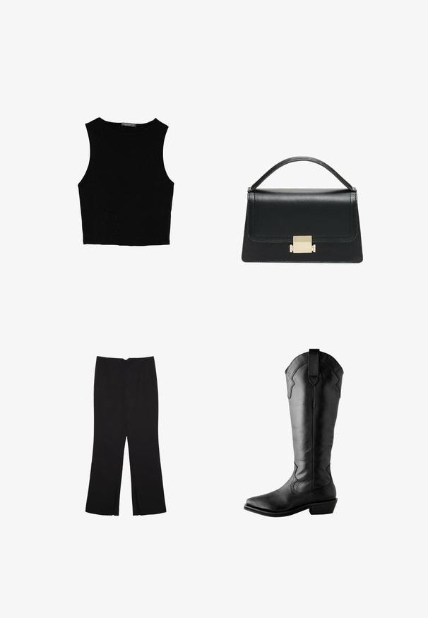 Top corto senza maniche nero realizzato in tessuto liscio, con scollatura rotonda e un design pulito e semplice, privo di pattern o accessori.; Pantaloni neri a gamba dritta, con tasche frontali e spacchi laterali all'orlo. Realizzati in tessuto morbido e liscio. Adatti a diverse occasioni.; Stivali neri in pelle al ginocchio con punta affusolata, cuciture decorative, una linguetta sulla parte superiore e tacco a blocco. Texture liscia.; Borsa a tracolla in pelle nera con design strutturato, manico superiore e dettaglio in metallo dorato sulla parte frontale. Texture liscia, cuciture minime.