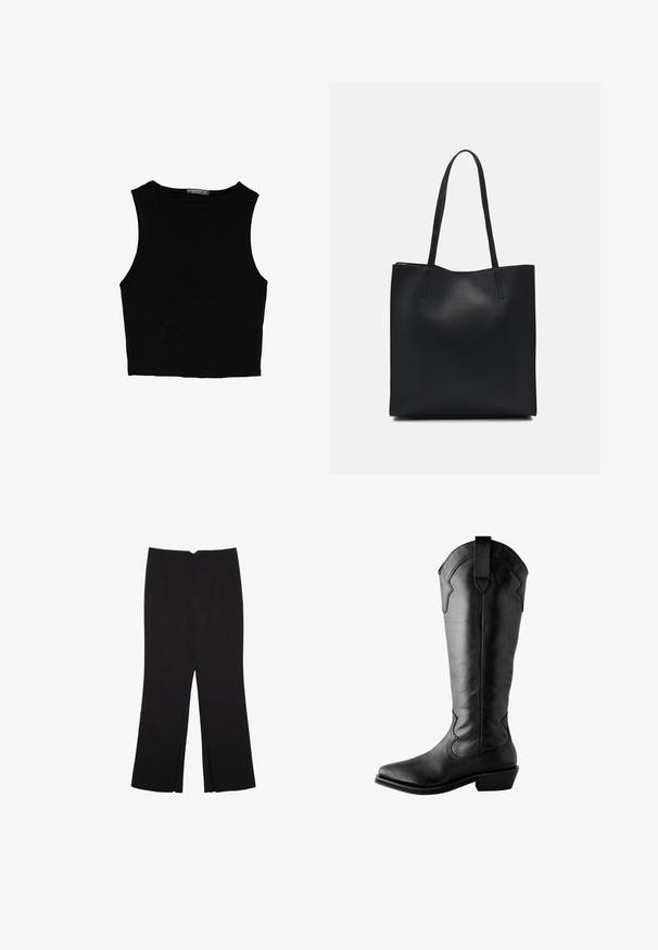 Čierny bezrukávový crop top vyrobený z hladkej tkaniny, so zaobleným výstrihom a čistým, jednoduchým dizajnom bez vzorov alebo kovania.; Čierne nohavice so strihom rovného strihu, s prednými vreckami a bočnými rozparkami na leme. Vyrobené z mäkkej, hladkej tkaniny. Vhodné na rôzne príležitosti.; Čierne kožené čižmy po kolená s špicatými špičkami, dekoratívnym prešívaním, s ťahacím pásikom na vrchu a so zloženým podpätkom. Hladká textura.; Čierna kožená taška na rameno s hladkým povrchom, obdĺžnikovým tvarom a dvoma dlhými uchami. Bez viditeľného kovania alebo ozdôb.