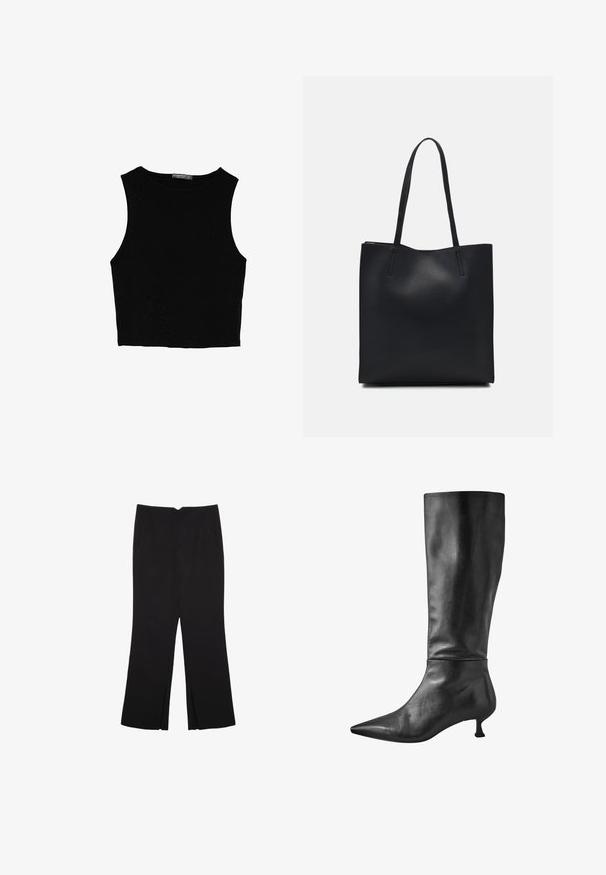 Černý bezsleeve crop top vyrobený z hladké tkaniny, s kulatým výstřihem a čistým, jednoduchým designem bez vzorů nebo kovových doplňků.; Černé kalhoty s rovným střihem, s předními kapsami a bočními rozparky na lemu. Vyrobené z jemné, hladké tkaniny. Vhodné na různé příležitosti.; Černá kožená vysoká bota po kolena s špičatou špičkou a malým blokovým podpatkem, která má hladkou texturu a elegantní siluetu.; Černá kožená taška přes rameno s hladkým povrchem, obdélníkovým tvarem a dvěma dlouhými uchy. Žádné viditelné kování ani ozdoby.