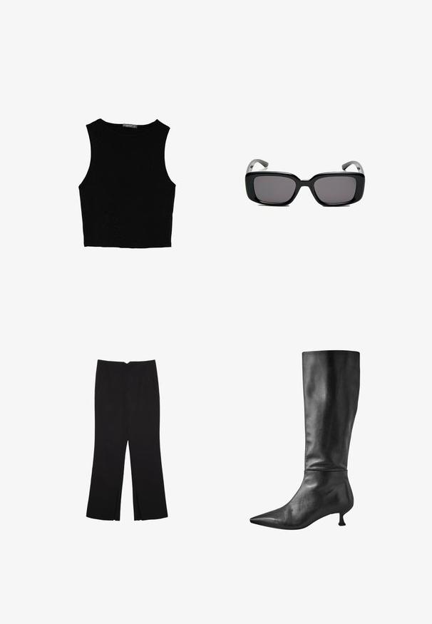 Čierny bezrukávový crop top vyrobený z hladkej tkaniny, so zaobleným výstrihom a čistým, jednoduchým dizajnom bez vzorov alebo kovania.; Čierne nohavice so strihom rovného strihu, s prednými vreckami a bočnými rozparkami na leme. Vyrobené z mäkkej, hladkej tkaniny. Vhodné na rôzne príležitosti.; Čierne kožené čižmy po kolená s špicatou špičkou a malým blokovým podpätkom, s hladkou textúrou a elegantným siluetou.; Čierne obdĺžnikové slnečné okuliare s tmavými sklami, hladkým plastovým rámom a zakrivenými stranami. Dizajn je robustný s minimalistickou estetikou.; Čierna kožená taška cez telo s textúrovaným povrchom, zlatým reťazovým popruhom a malou nálepkou. Na prednej strane je výrazné logo.