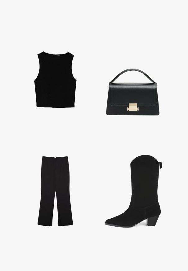 Top court sans manches noir en tissu lisse, avec un col rond et un design épuré, simple, sans motifs ni accessoires.; Pantalon noir avec une coupe droite, doté de poches avant et d'éclairs sur l'ourlet. Fabriqué en tissu doux et lisse. Convient à diverses occasions.; Botte de cowboy en suède noir avec un bout pointu, un léger talon et un bord supérieur découpé. Présente des coutures minimales et une languette arrière.; Sac à main en cuir noir au design structuré, avec une poignée supérieure et un détail de fermoir en métal doré à l'avant. Texture lisse, couture minimale.