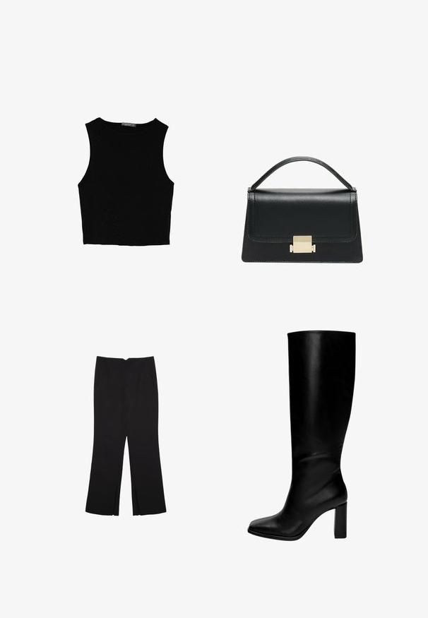 Čierny bezrukávový crop top vyrobený z hladkej tkaniny, so zaobleným výstrihom a čistým, jednoduchým dizajnom bez vzorov alebo kovania.; Čierne nohavice so strihom rovného strihu, s prednými vreckami a bočnými rozparkami na leme. Vyrobené z mäkkej, hladkej tkaniny. Vhodné na rôzne príležitosti.; Čierne kožené čižmy do výšky kolien so štvorcovou špičkou a masívnym podpätkom. Hladká textúra, priliehavý dizajn a žiadne viditeľné kovania či vzory.; Čierna kožená kabelka so štruktúrovaným prevedením, horným madlom a detailom zlatého kovového uzáveru na prednej strane. Hladká textura, minimálne šitie.