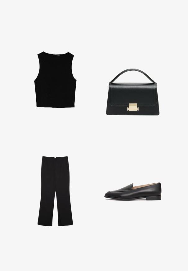 Schwarzes ärmelloses Crop-Top aus glattem Stoff, mit rundem Ausschnitt und einem klaren, schlichten Design ohne Muster oder Beschläge.; Schwarze Hose mit geradem Schnitt, ausgestattet mit Fronttaschen und Seitenschlitzen am Saum. Hergestellt aus weichem, glattem Stoff. Geeignet für verschiedene Anlässe.; Schwarzer Lederloafer mit niedrigem Absatz, glatter Textur, spitzem Schuhkopf und minimalistischen Design. Keine sichtbaren Beschläge oder Verzierungen.; Schwarze Lederhandtasche mit strukturiertem Design, oberem Griff und einem goldenen Metallschnappverschluss auf der Vorderseite. Glatte Textur, minimale Nähte.
