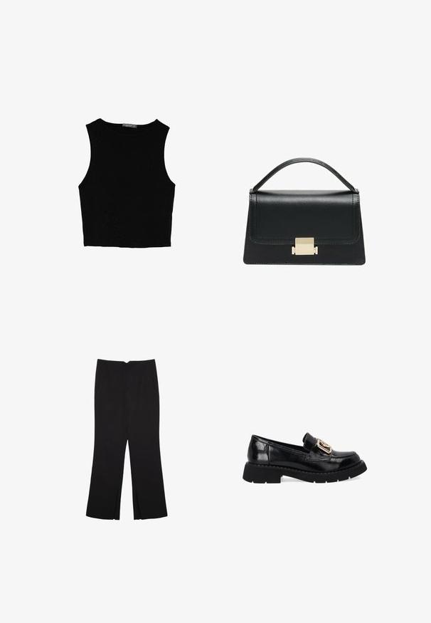 Czarny bezrękawnik crop top z gładkiego materiału, z okrągłym dekoltem i czystym, prostym wzornictwem, bez wzorów czy metalowych elementów.; Czarne spodnie o prostym kroju, z przednimi kieszeniami i bocznymi rozcięciami na dole. Wykonane z miękkiego, gładkiego materiału. Odpowiednie na różne okazje.; Czarne lakierowane mokasyny z grubą czarną podeszwą, z detalem z klamrą w złotym kolorze oraz gładką, błyszczącą teksturą.; Czarna skórzana torebka o zorganizowanej konstrukcji, z górną rączką i złotym metalowym zapięciem z przodu. Gładka faktura, minimalne przeszycia.