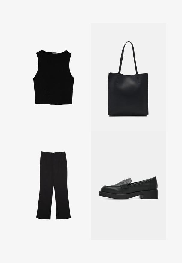 Czarny bezrękawnik crop top z gładkiego materiału, z okrągłym dekoltem i czystym, prostym wzornictwem, bez wzorów czy metalowych elementów.; Czarne spodnie o prostym kroju, z przednimi kieszeniami i bocznymi rozcięciami na dole. Wykonane z miękkiego, gładkiego materiału. Odpowiednie na różne okazje.; Czarne skórzane mokasyny z zaokrąglonym noskiem, płaską podeszwą platformową i przeszywaniami na cholewce. Prosty, minimalistyczny design.; Czarna skórzana torba tote o gładkiej fakturze, prostokątnym kształcie i dwóch długich uchwytach. Brak widocznych elementów metalowych i ozdób.