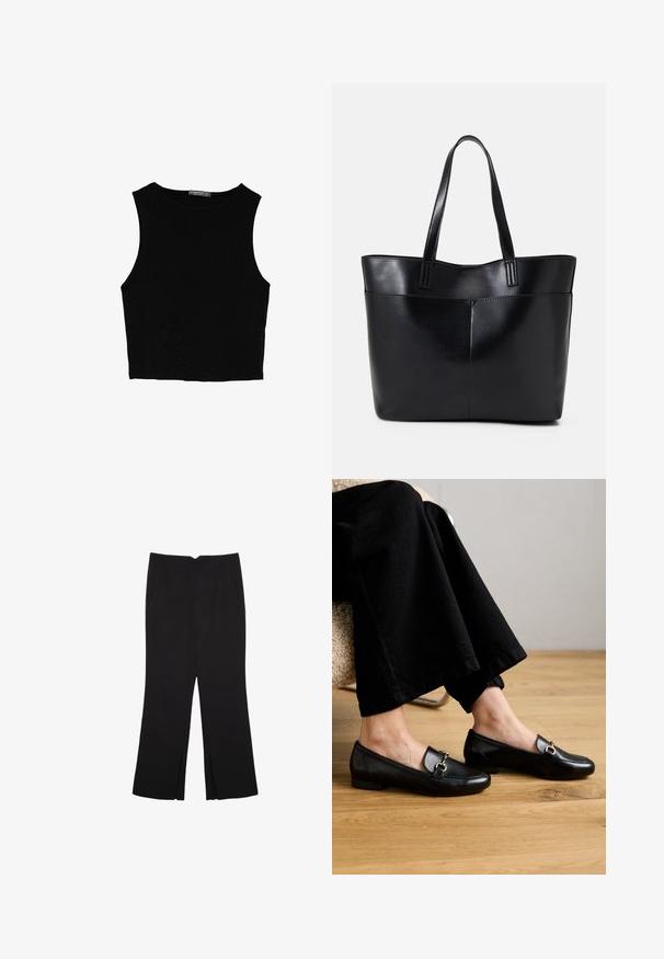 Top corto senza maniche nero realizzato in tessuto liscio, con scollatura rotonda e un design pulito e semplice, privo di pattern o accessori.; Pantaloni neri a gamba dritta, con tasche frontali e spacchi laterali all'orlo. Realizzati in tessuto morbido e liscio. Adatti a diverse occasioni.; Mocassini in pelle nera con punta quadrata e tacco basso, dotati di un accento decorativo in metallo dorato sulla parte superiore.; Borsa a tracolla in pelle nera con due manici lunghi, una texture liscia e una forma strutturata. Presenta una tasca frontale per ulteriore spazio di archiviazione.