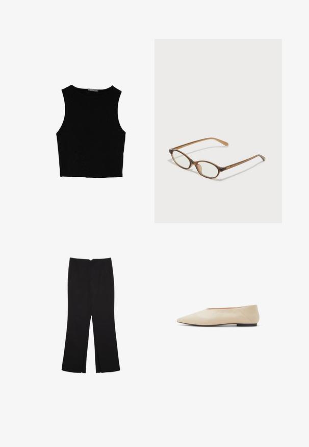 Černý bezsleeve crop top vyrobený z hladké tkaniny, s kulatým výstřihem a čistým, jednoduchým designem bez vzorů nebo kovových doplňků.; Černé kalhoty s rovným střihem, s předními kapsami a bočními rozparky na lemu. Vyrobené z jemné, hladké tkaniny. Vhodné na různé příležitosti.; Béžová kožená plochá obuv s špičatou špičkou, minimalistický design, hladký povrch a nízký černý podpatek. Elegantní a univerzální pro různé stylizace.; Hnědé želvovinové brýle s oválnými skly, tenkými bočními nohami a průhlednými akcenty. Obsahují decentní logo na stranu. Elegantní, lehký design.