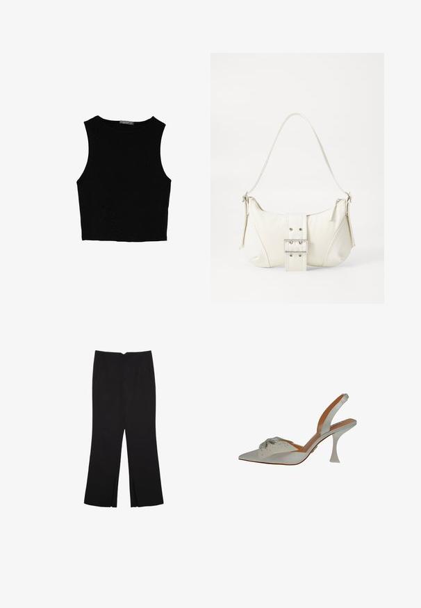 Czarny bezrękawnik crop top z gładkiego materiału, z okrągłym dekoltem i czystym, prostym wzornictwem, bez wzorów czy metalowych elementów.; Czarne spodnie o prostym kroju, z przednimi kieszeniami i bocznymi rozcięciami na dole. Wykonane z miękkiego, gładkiego materiału. Odpowiednie na różne okazje.; Białe satynowe buty slingback, zakończone spiczastym noskiem, ozdobione srebrnymi koralikami. Mają smukły, przezroczysty obcas oraz teksturowany, dekoracyjny detal na cholewce.; Biała torebka na ramię o fakturowanym wykończeniu, z centralnym akcentem w postaci klamry i zaokrąglonym kształcie. Zapięcia na zamek błyskawiczny po obu stronach.