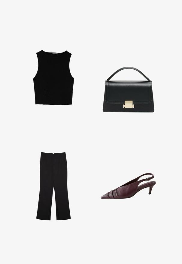 Černý bezsleeve crop top vyrobený z hladké tkaniny, s kulatým výstřihem a čistým, jednoduchým designem bez vzorů nebo kovových doplňků.; Černé kalhoty s rovným střihem, s předními kapsami a bočními rozparky na lemu. Vyrobené z jemné, hladké tkaniny. Vhodné na různé příležitosti.; Burgundské kožené lodičky se špičatou špičkou, s nařasenou texturou vpředu a štíhlým, strukturovaným podpatkem. Nastavitelný pásek.; Černá kožená kabelka se strukturovaným designem, horním uchopením a zlatým kovovým zapínáním na přední straně. Hladký povrch, minimální švy.