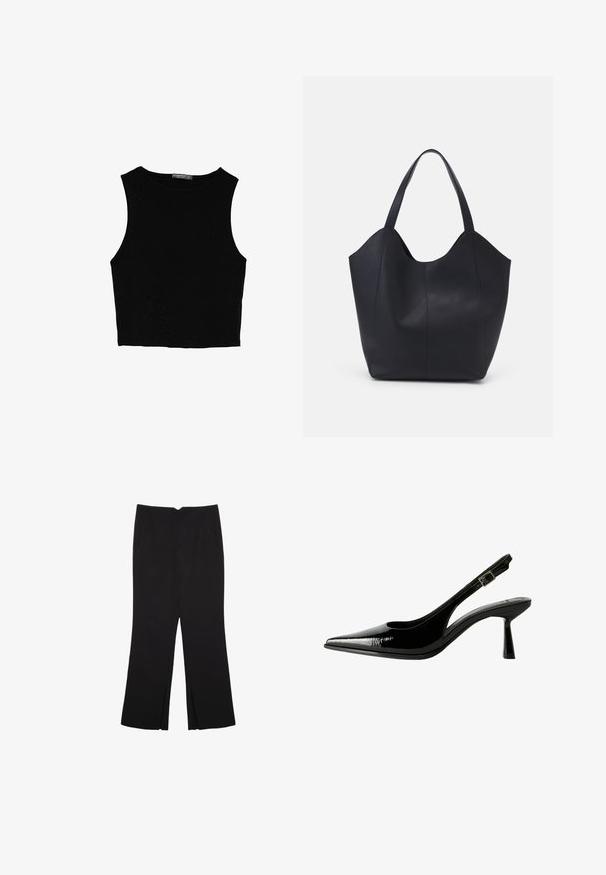 Sort ærmeløs crop top lavet af glat stof, med rund hals og et rent, enkelt design uden mønstre eller hardware.; Sorte bukser med lige pasform, der har frontlommer og slidser i kanten. Lavet af blødt, glat stof. Velegnet til forskellige anledninger.; Sorte patenterede lædersandaletter med spids tå, udskårne sider, justerbar ankelstrop og en tynd, slank hæl.; Sort tote taske lavet af glat læder, med en buet, åben top, to skulderstropper og et minimalistisk design.; Stradivarius FLORAL - Halskæder - beige