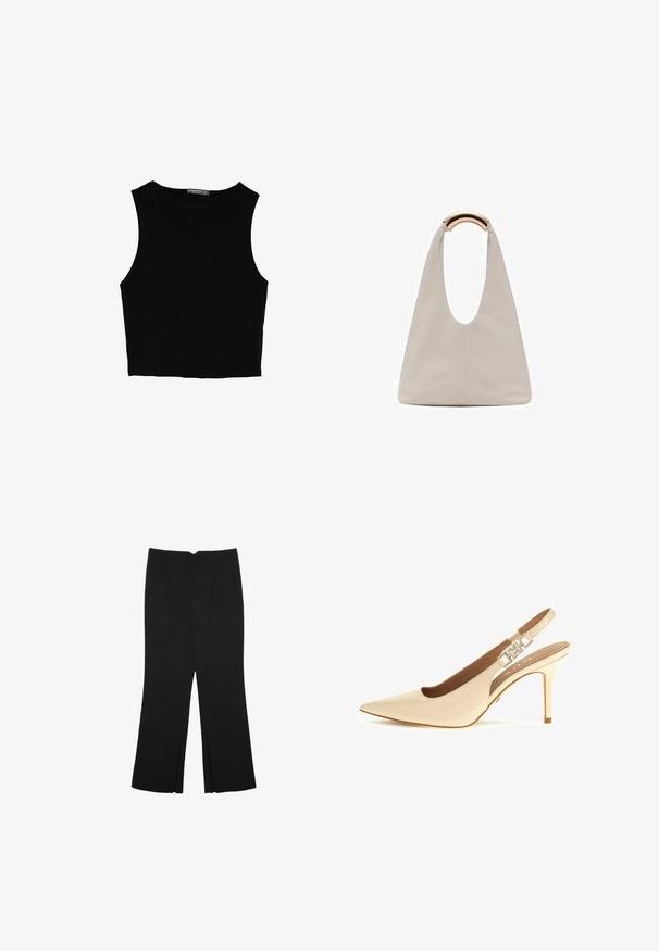 Černý bezsleeve crop top vyrobený z hladké tkaniny, s kulatým výstřihem a čistým, jednoduchým designem bez vzorů nebo kovových doplňků.; Černé kalhoty s rovným střihem, s předními kapsami a bočními rozparky na lemu. Vyrobené z jemné, hladké tkaniny. Vhodné na různé příležitosti.; béžové lakované lodičky typu slingback s špičatou špičkou, nastavitelným páskem a kovovým akcentem na podpatku. Tenký vysoký podpatek.; Světlá šedá kožená taška s U-tvarovaným designem a zakřivenou kovovou rukojetí. Hladký povrch s minimálním šitím a bez viditelných vzorů.