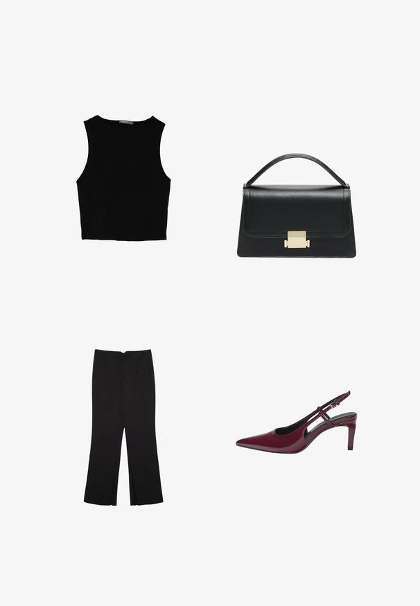 Črn brez rokavov crop top, izdelan iz gladkega materiala, z okroglim izrezom in čistim, preprostim dizajnom brez vzorcev ali dodatkov.; Črne hlače ravnega kroja z naglavnimi žepi in stranskimi razporki na robu. Narejene iz mehke, gladke tkanine. Primerne za različne priložnosti.; Burgundska lakasta slingback čevlja s ostrim nosom in zmernim peto, z izrezljanim dizajnom in nastavljivim pasom.; Črna usnjena torbica z strukturiranim dizajnom, zgornjim ročajem in zlate kovinske sponke na sprednji strani. Gladka tekstura, minimalno šivanje.