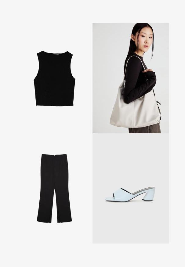 Sort ærmeløs crop top lavet af glat stof, med rund hals og et rent, enkelt design uden mønstre eller hardware.; Sorte bukser med lige pasform, der har frontlommer og slidser i kanten. Lavet af blødt, glat stof. Velegnet til forskellige anledninger.; Lyseblå åbne tå hæle mules med et geometrisk design, der har en bred rem over foden og en kraftig, vinkelret hæl.; Beige håndtaske lavet af blødt materiale med et slouchy design, stikninger og to skulderremme. Velegnet til daglig brug.