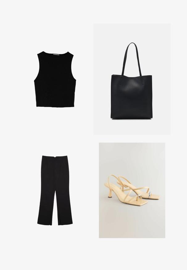 Black sleeveless crop top made of smooth fabric, featuring a round neck and a clean, simple design without patterns or hardware.; Black trousers with a straight fit, featuring front pockets and side slits at the hem. Made of soft, smooth fabric. Suitable for various occasions.; Beige heeled sandals with a square toe, thin straps, and a metallic accent on the toe. High, block heel for stability.; Black leather tote bag with smooth texture, rectangular shape, and two long handles. No visible hardware or embellishments.