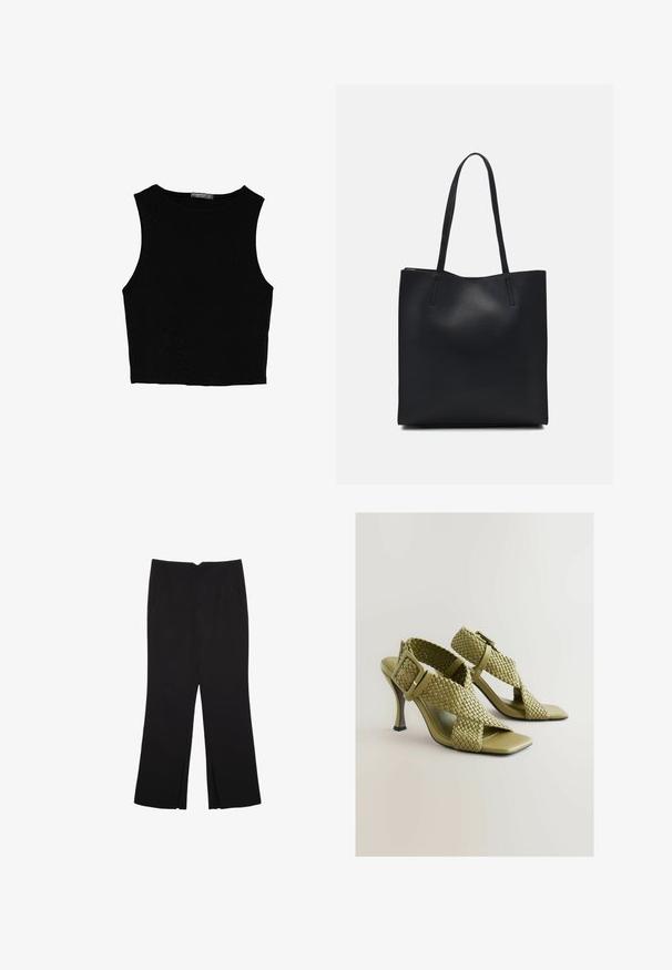 Svart ärmlös crop top i mjukt tyg, med rund hals och en ren, enkel design utan mönster eller detaljer.; Svarta byxor med rak passform, utrustade med framfickor och sidoklyvningar vid fållen. Tillverkade av mjukt, slätt tyg. Lämpliga för olika tillfällen.; Gröna vävda klacksandaler med justerbar spänne, kvadratisk öppen tå och en slät sula. Har en elegant, smal hög klack och texturerade remmar.; Svart lädertoffelväska med slät textur, rektangulär form och två långa handtag. Ingen synlig hårdvara eller dekorationer.