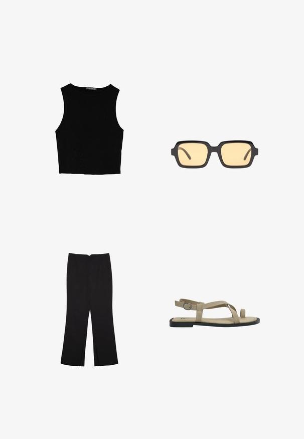 Svart ärmlös crop top i mjukt tyg, med rund hals och en ren, enkel design utan mönster eller detaljer.; Svarta byxor med rak passform, utrustade med framfickor och sidoklyvningar vid fållen. Tillverkade av mjukt, slätt tyg. Lämpliga för olika tillfällen.; Beiga mockaskor med platt sula, med korsade remmar och en justerbar spänne på baksidan. Minimalistisk design och öppen tå.; Svarta rektangulära solglasögon med gula linser, lättviktsram och distinkta trubbiga kanter på stängerna. Slät, glänsande yta.
