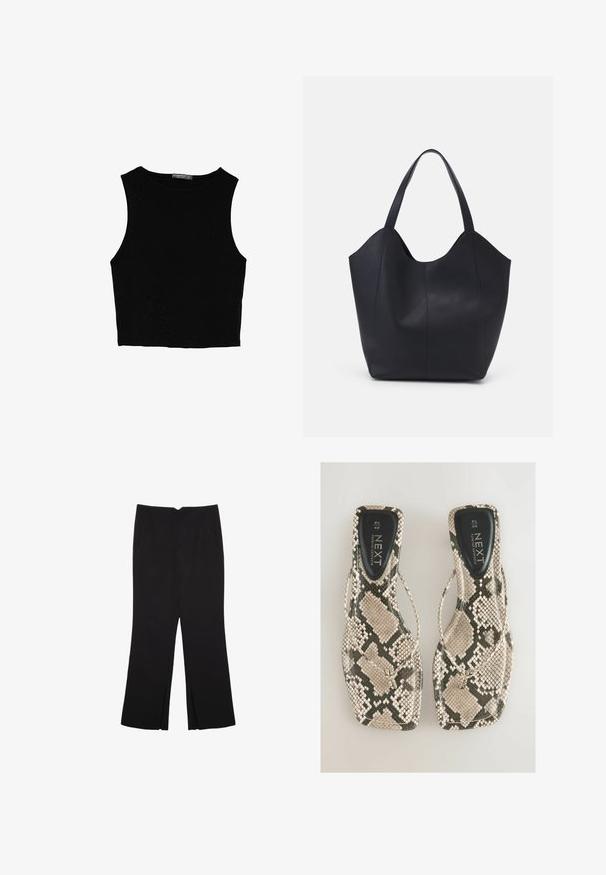 Musta hihaton crop-top, joka on valmistettu sileästä kankaasta, jossa on pyöreä kaula-aukko ja siisti, yksinkertainen muotoilu ilman kuvioita tai varusteita.; Mustat housut suoralinjaisella leikkauksella, joissa on etutaskut ja sivurei'ät helman alla. Valmistettu pehmeästä ja sileästä kankaasta. Sopii eri tilaisuuksiin.; Litteet sandaalit, joissa on käärmeennahkakuosi beige ja harmaassa sävyssä, thong-malli ja sileä musta pohja, jossa on merkintä "NEXT."; Mustat kangaskassit, jotka on valmistettu sileästä nahasta, jossa on kaareva, avoin yläosa, kaksi olkahihnaa ja minimalistinen muotoilu.