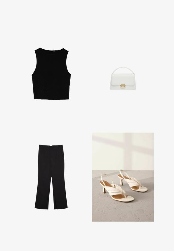 Schwarzes ärmelloses Crop-Top aus glattem Stoff, mit rundem Ausschnitt und einem klaren, schlichten Design ohne Muster oder Beschläge.; Schwarze Hose mit geradem Schnitt, ausgestattet mit Fronttaschen und Seitenschlitzen am Saum. Hergestellt aus weichem, glattem Stoff. Geeignet für verschiedene Anlässe.; Weiße Leder Slingback-Absätze mit gedrehtem Vorderdesign, offener Zehenpartie und einem Blockabsatz in mittlerer Höhe. Glatte Oberfläche und minimalistische Akzente.; Weiße Lederhandtasche mit strukturiertem Design, ausgestattet mit einem oberen Griff und einem goldfarbenen Verschluss. Glatte Textur und minimalistische Akzente.
